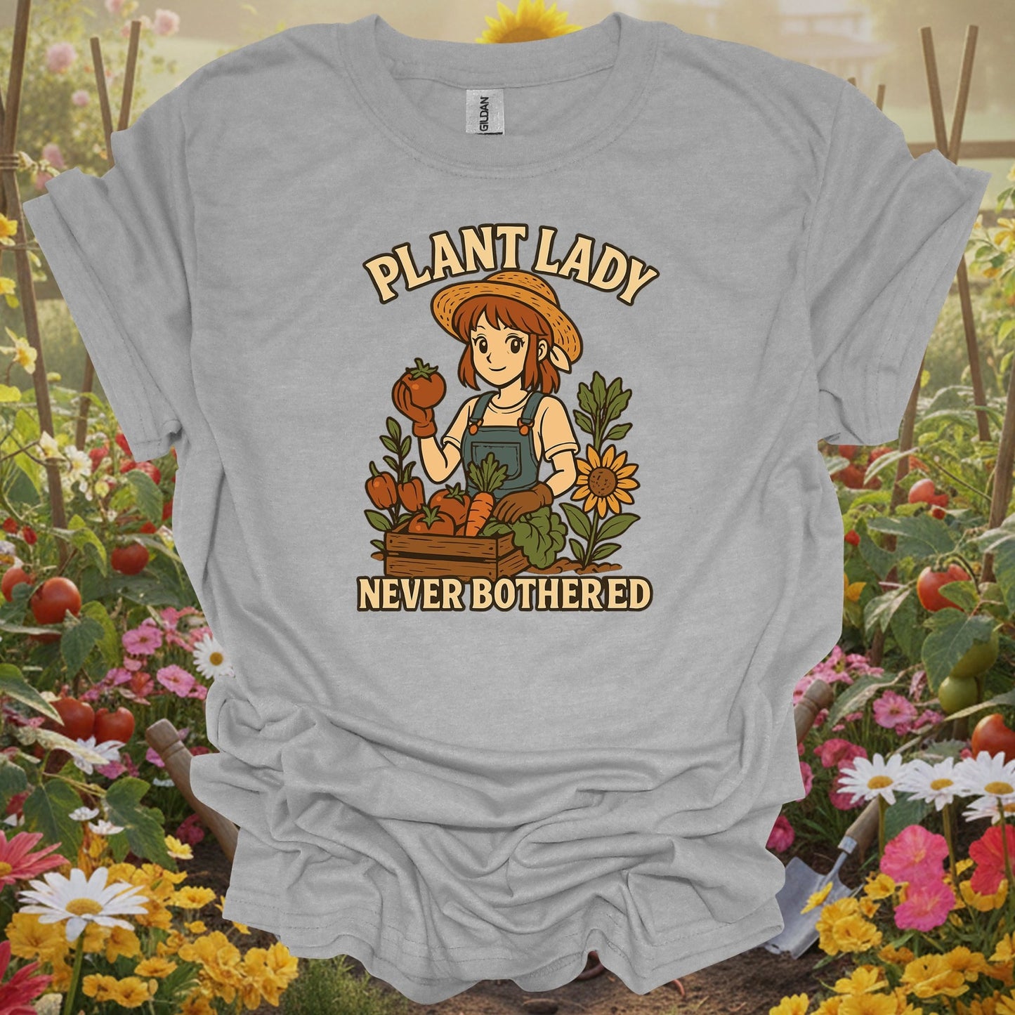 Sport Grey tee showing plant lady never bothered cheerful anime for garden hobbyists