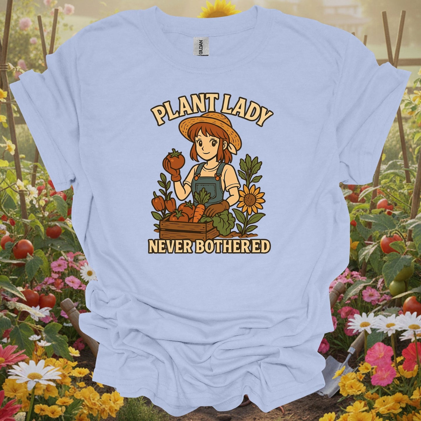 Light Blue shirt showing plant lady never bothered cheerful anime for home gardeners