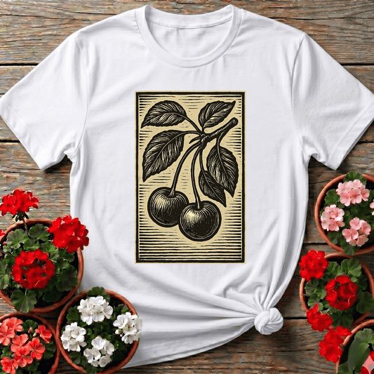 White rustic woodcut cherry botanical shirt for home gardeners and fruit growers