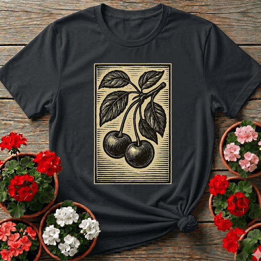 Black vintage woodblock cherry print gardening tee for cottagecore and folk art lovers