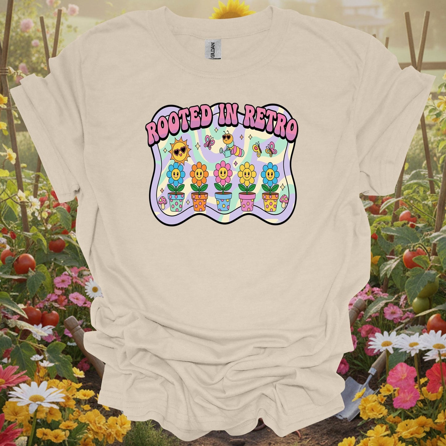 Natural tshirt showing bring some trippy energy to your landscape with this y2k psychedelic design for organic gardeners avoiding synthetic inputs