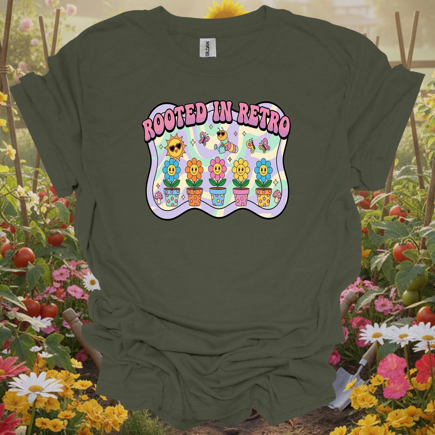 Military green tshirt showing bring some trippy energy to your landscape with this y2k psychedelic design for organic gardeners avoiding synthetic inputs