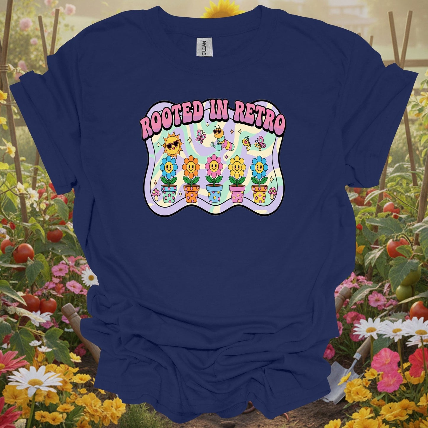Navy tshirt showing bring some trippy energy to your landscape with this y2k psychedelic design for organic gardeners avoiding synthetic inputs
