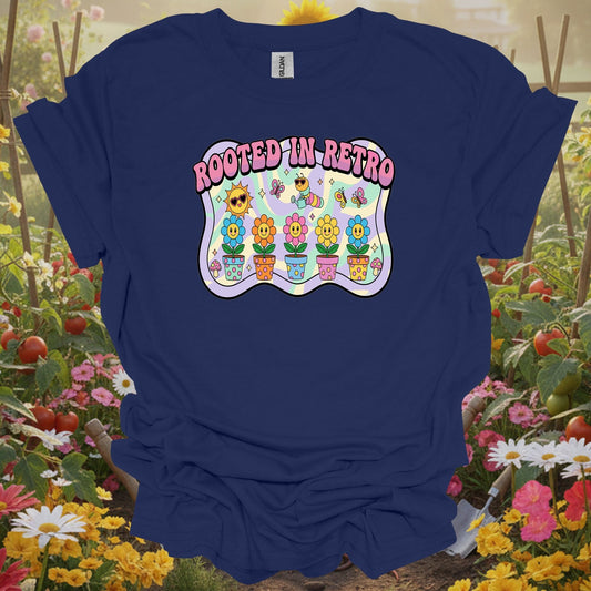 Navy tshirt showing bring some trippy energy to your landscape with this y2k psychedelic design for organic gardeners avoiding synthetic inputs