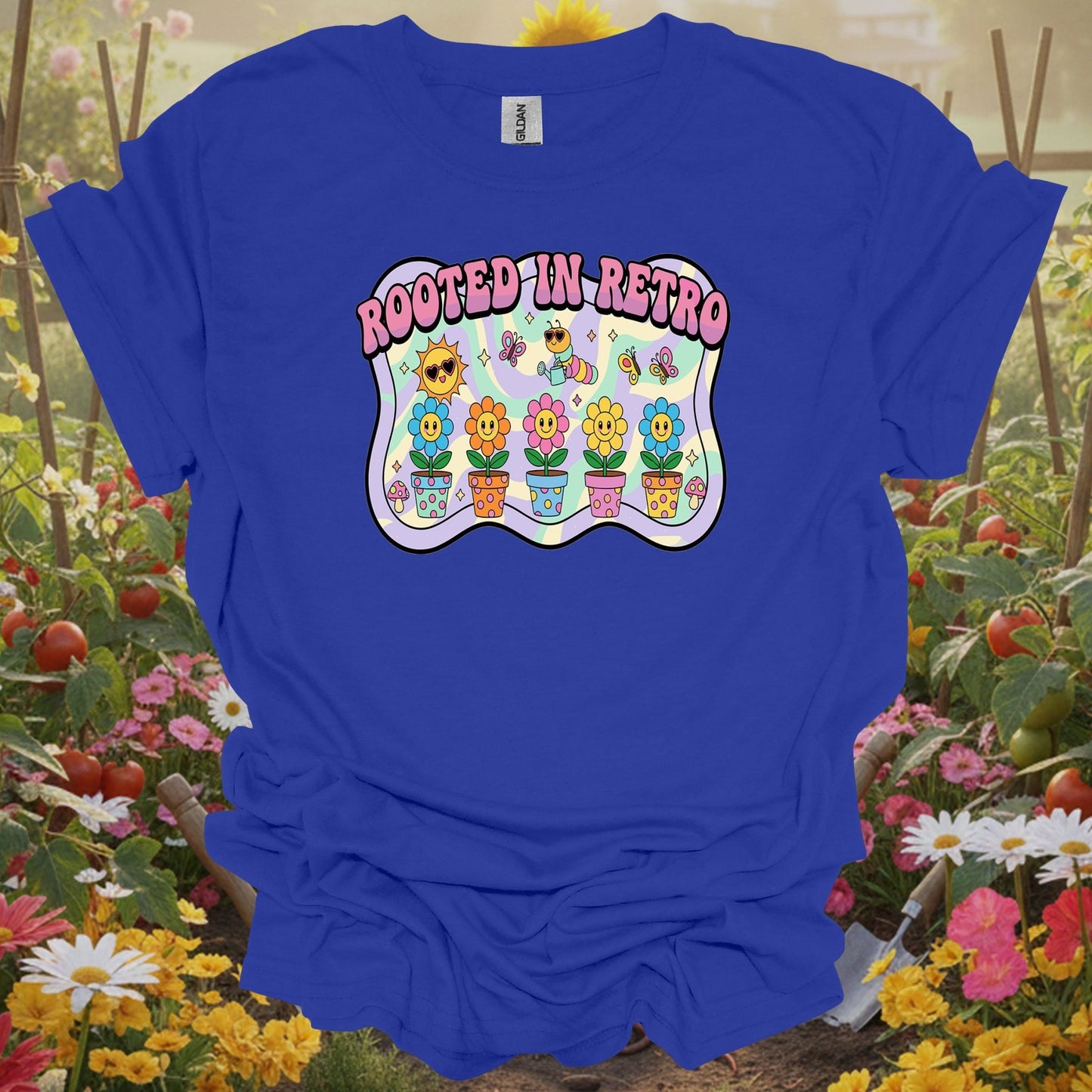 Royal tshirt showing bring some trippy energy to your landscape with this y2k psychedelic design for organic gardeners avoiding synthetic inputs