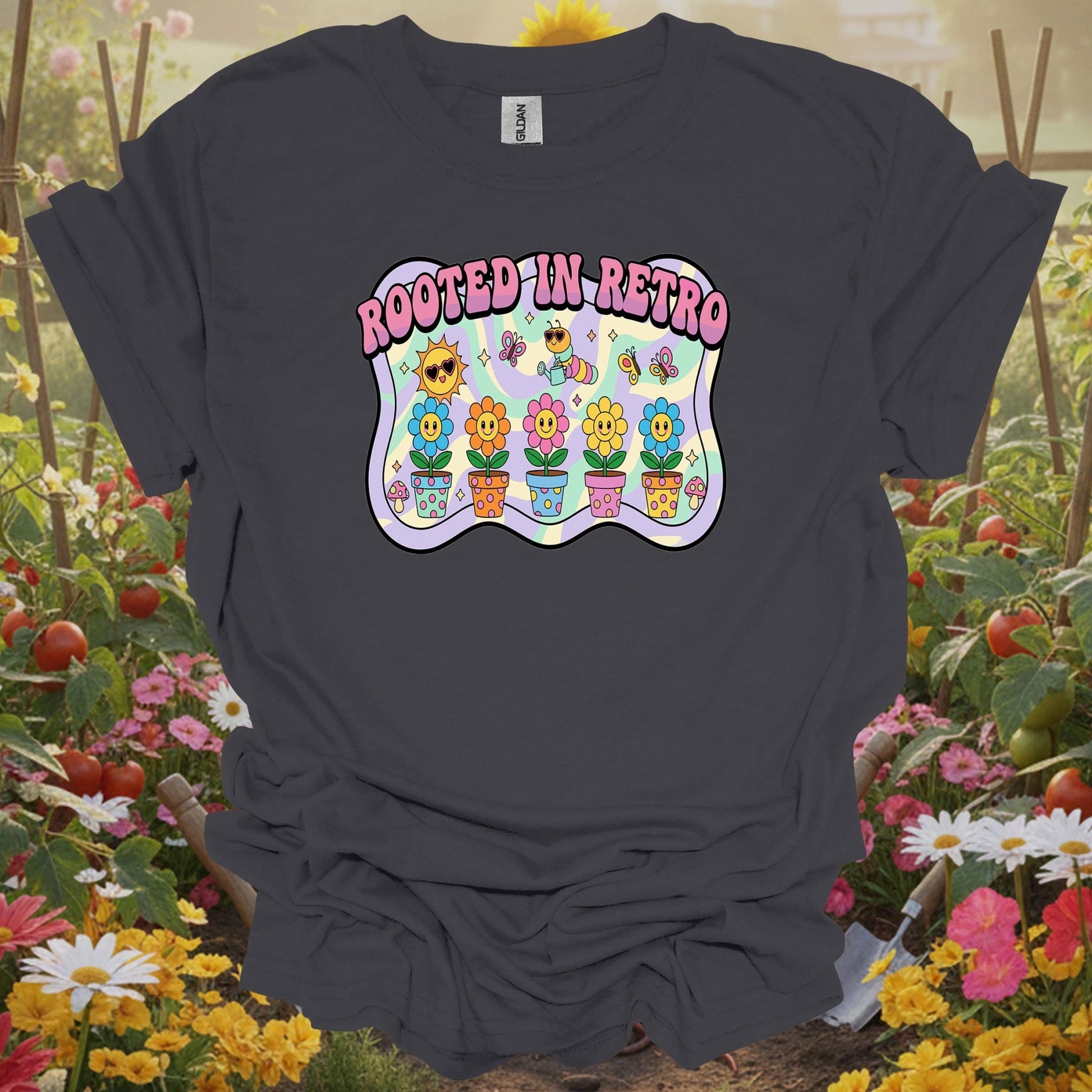 Charcoal tshirt showing bring some trippy energy to your landscape with this y2k psychedelic design for organic gardeners avoiding synthetic inputs