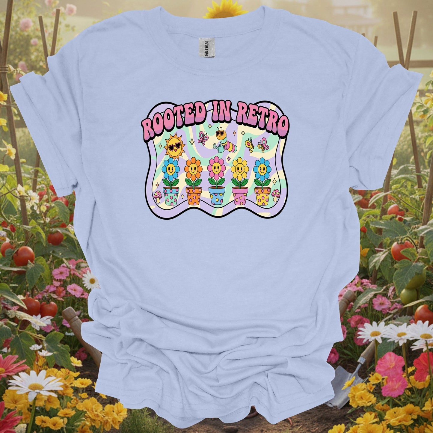 LIght blue tshirt showing bring some trippy energy to your landscape with this y2k psychedelic design for organic gardeners avoiding synthetic inputs