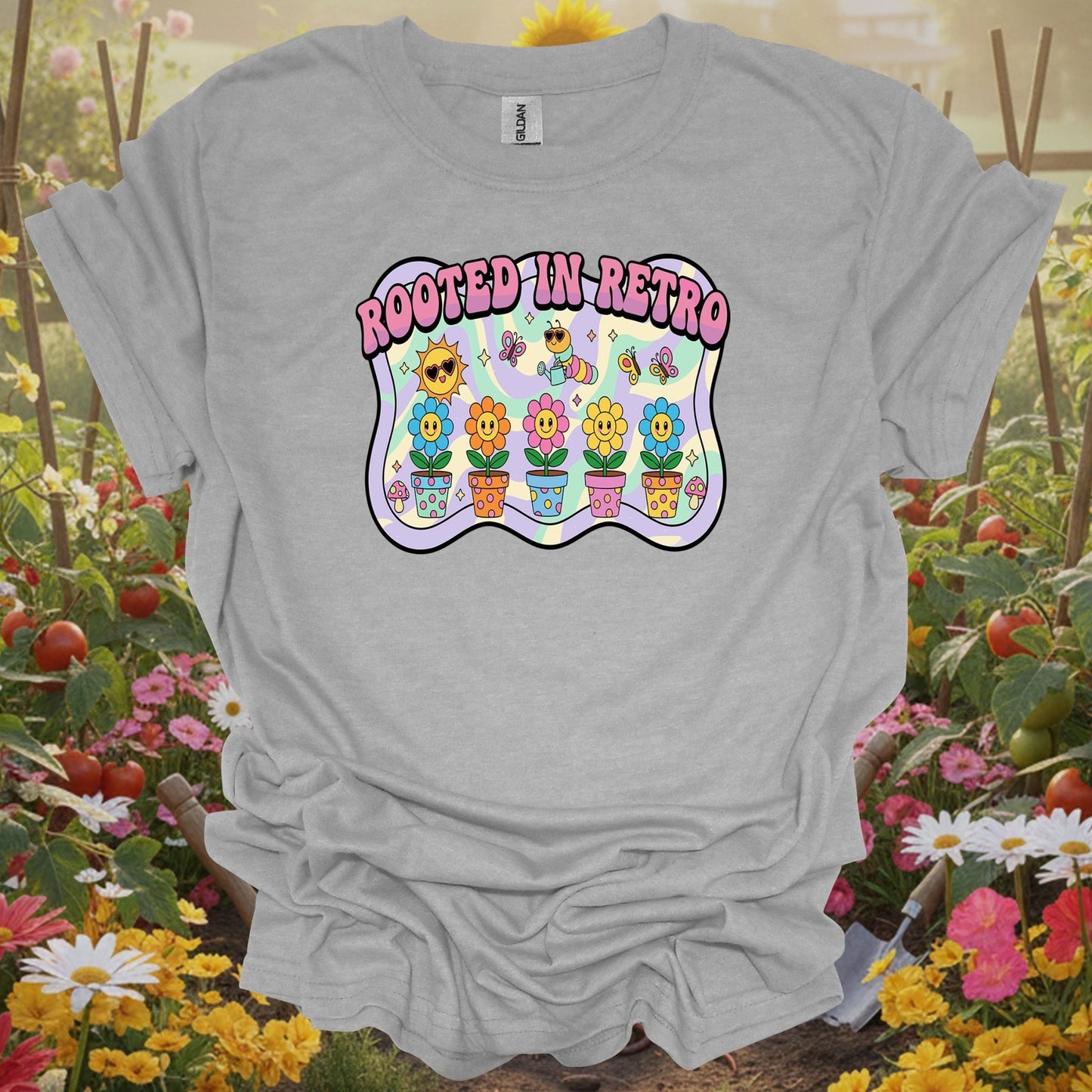 Sport gray tshirt showing bring some trippy energy to your landscape with this y2k psychedelic design for organic gardeners avoiding synthetic inputs