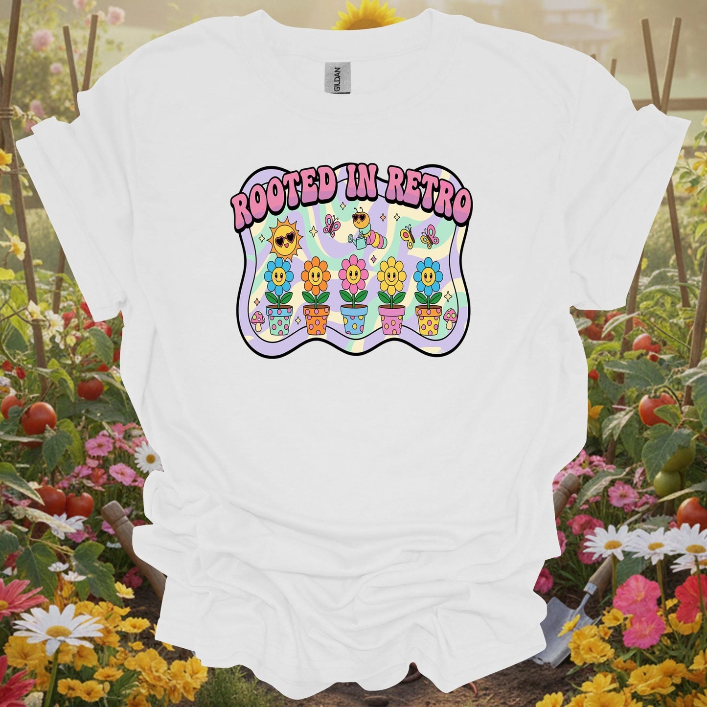 White tshirt showing bring some trippy energy to your landscape with this y2k psychedelic design for organic gardeners avoiding synthetic inputs