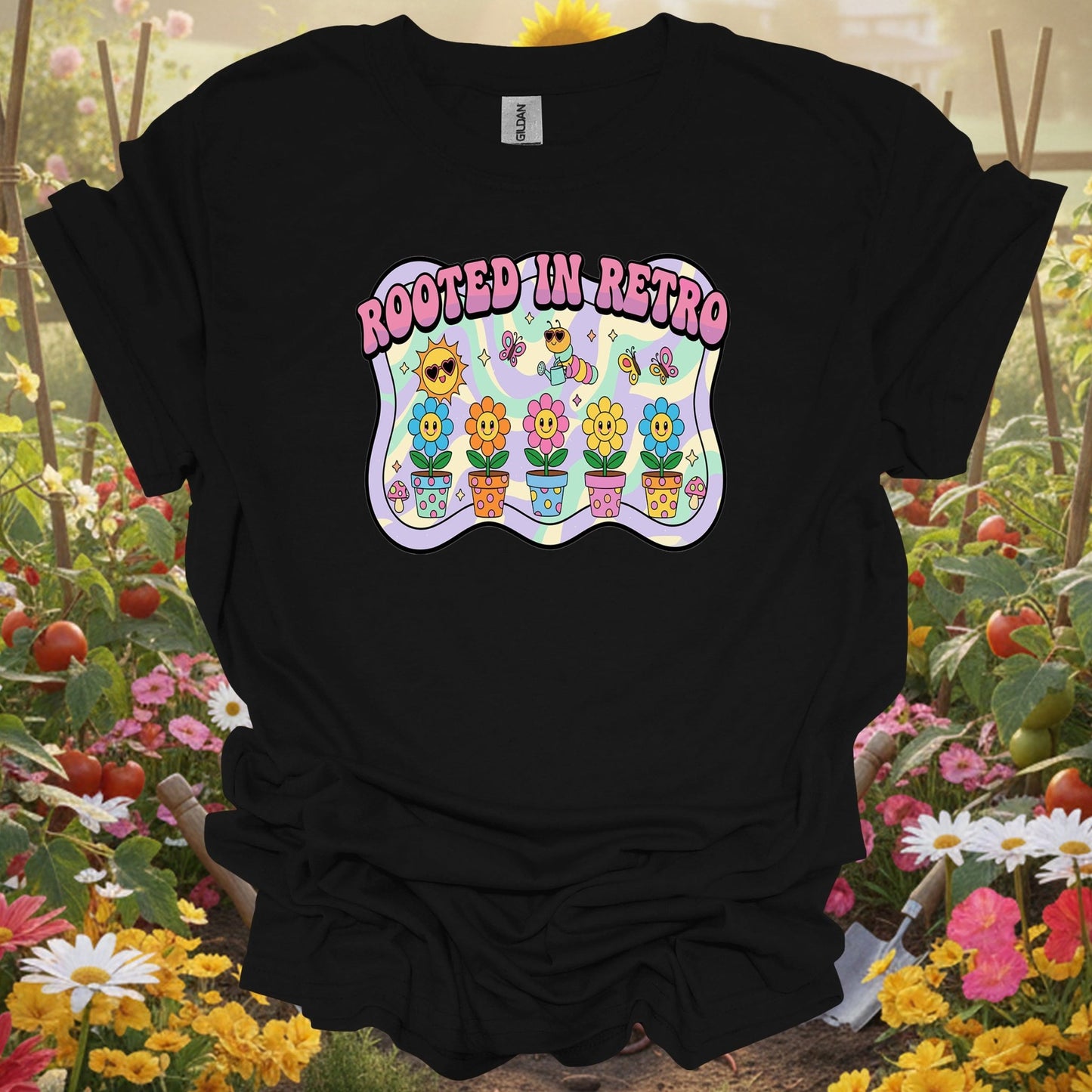 Black tshirt showing bring some trippy energy to your landscape with this y2k psychedelic design for organic gardeners avoiding synthetic inputs