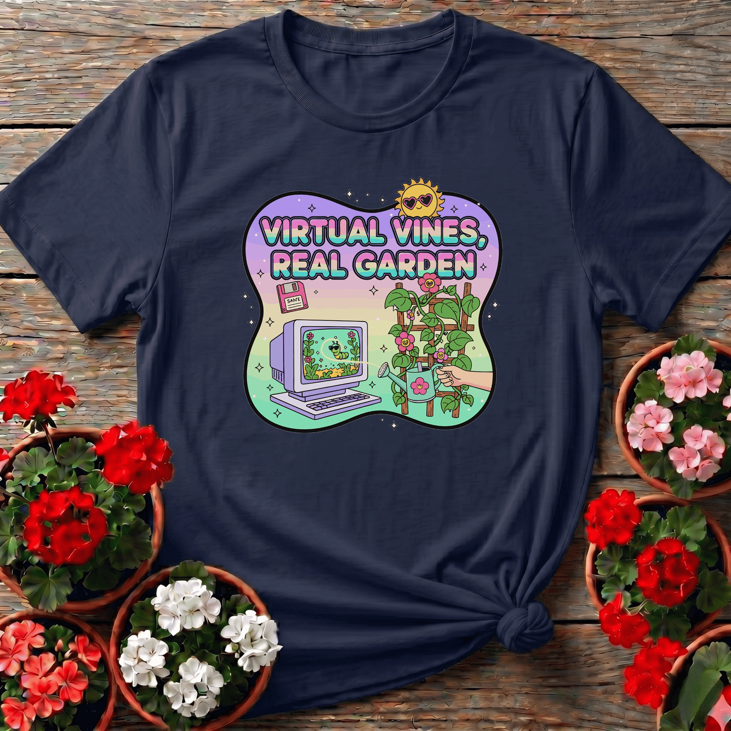 Virtual Vines Real Garden Retro Gamer Y2K T-shirt - GardeningTshirts