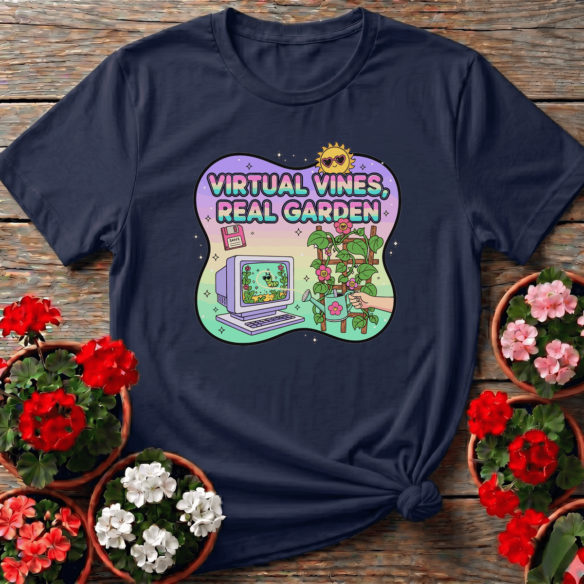 Navy playful vintage-inspired shirt with "Virtual Vines, Real Garden" for gardeners who grew up online