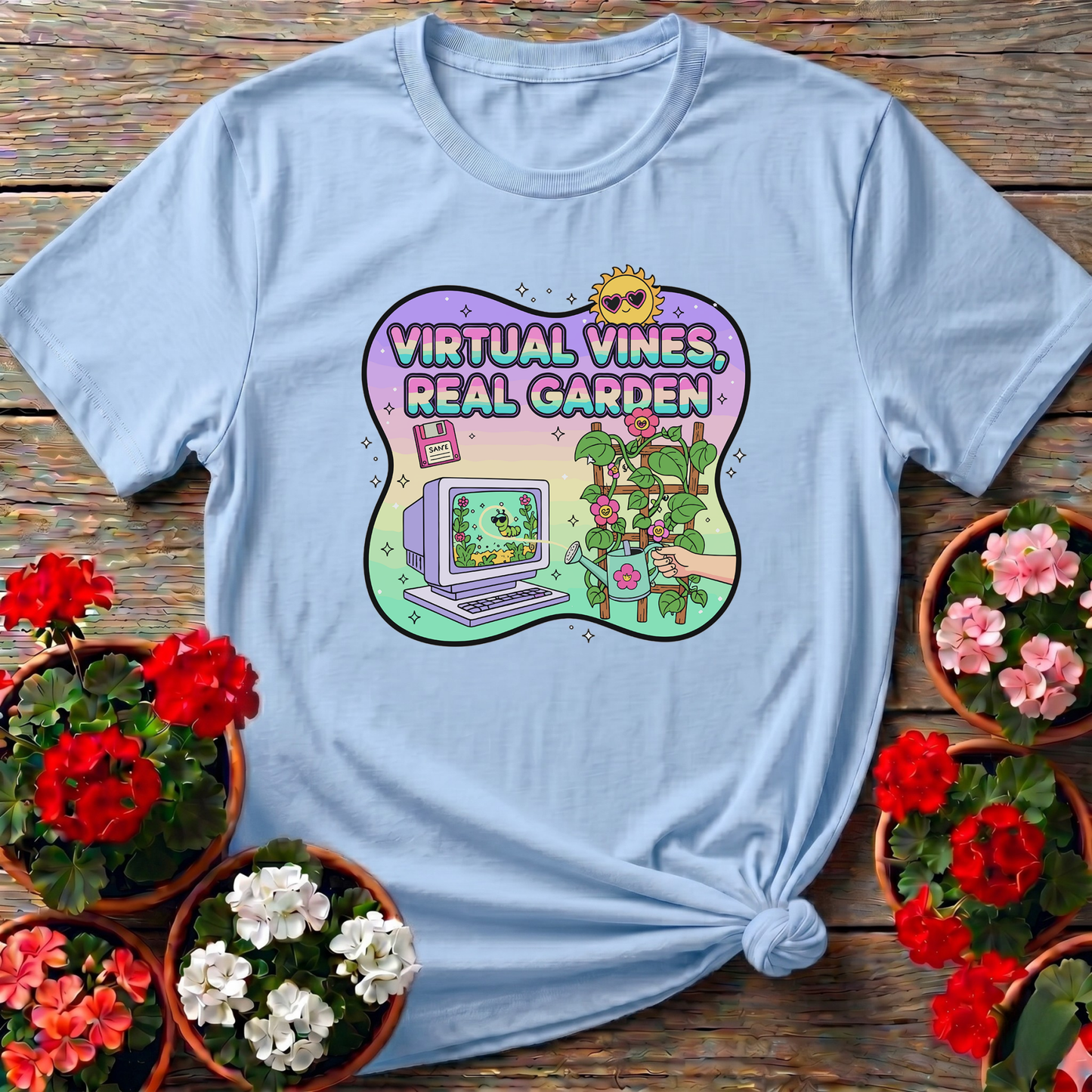 Virtual Vines Real Garden Retro Gamer Y2K T-shirt - GardeningTshirts