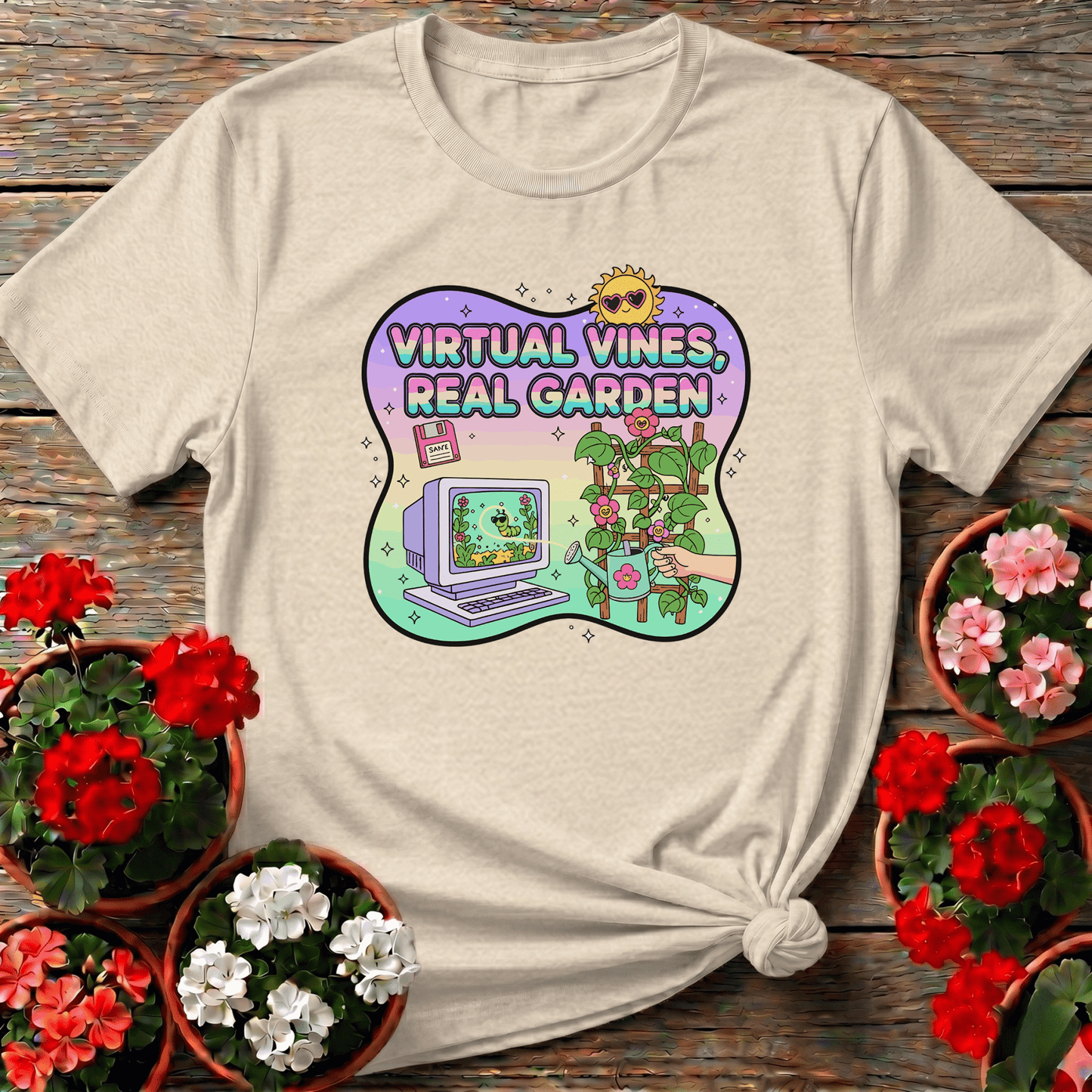 Virtual Vines Real Garden Retro Gamer Y2K T-shirt - GardeningTshirts