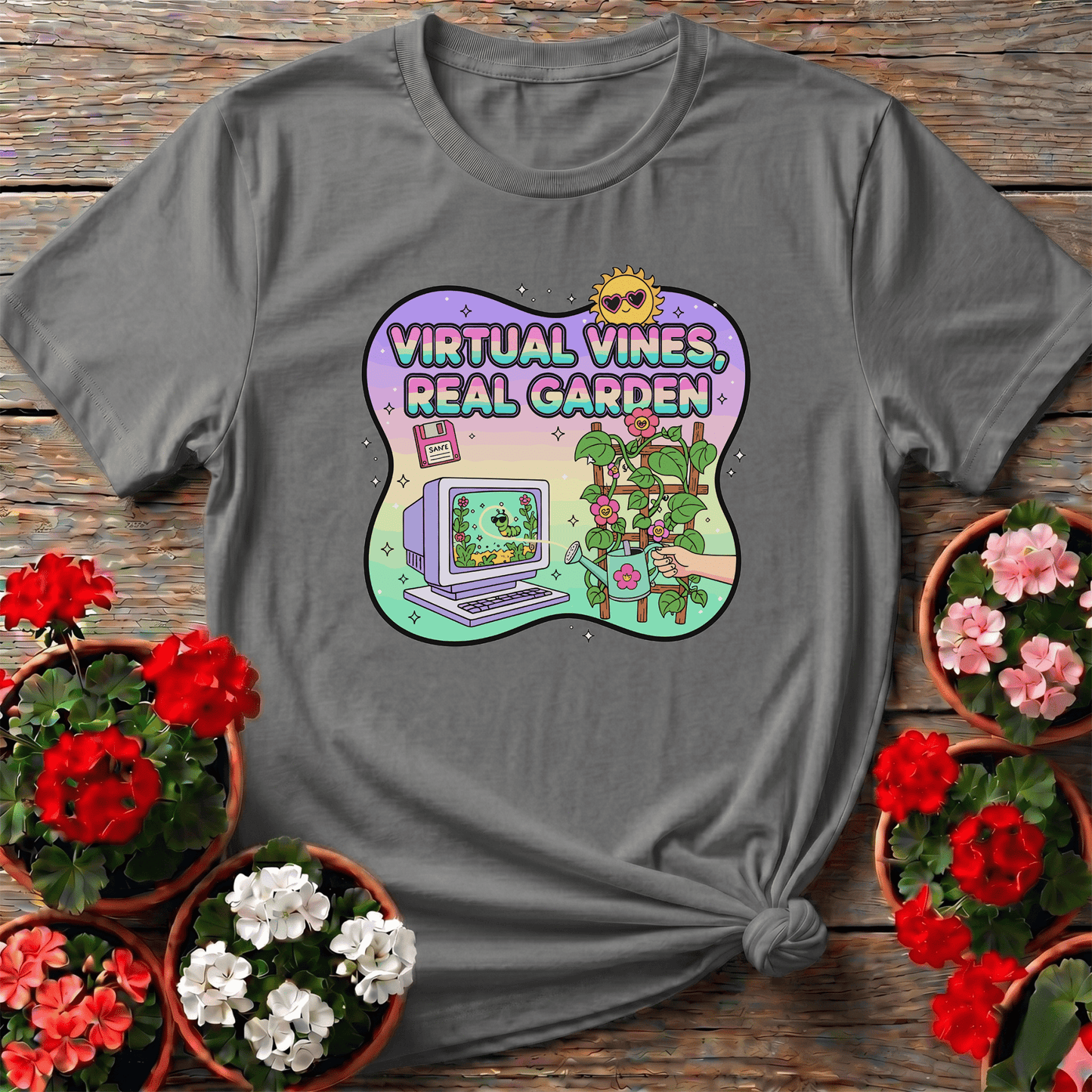 Virtual Vines Real Garden Retro Gamer Y2K T-shirt - GardeningTshirts