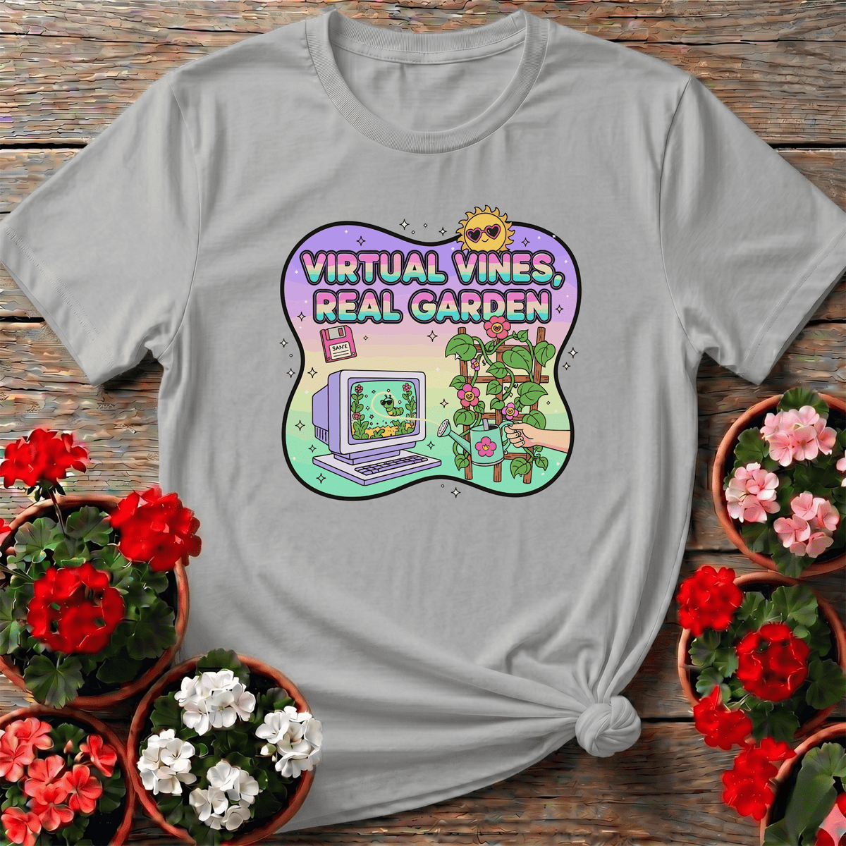 Virtual Vines Real Garden Retro Gamer Y2K T-shirt - GardeningTshirts