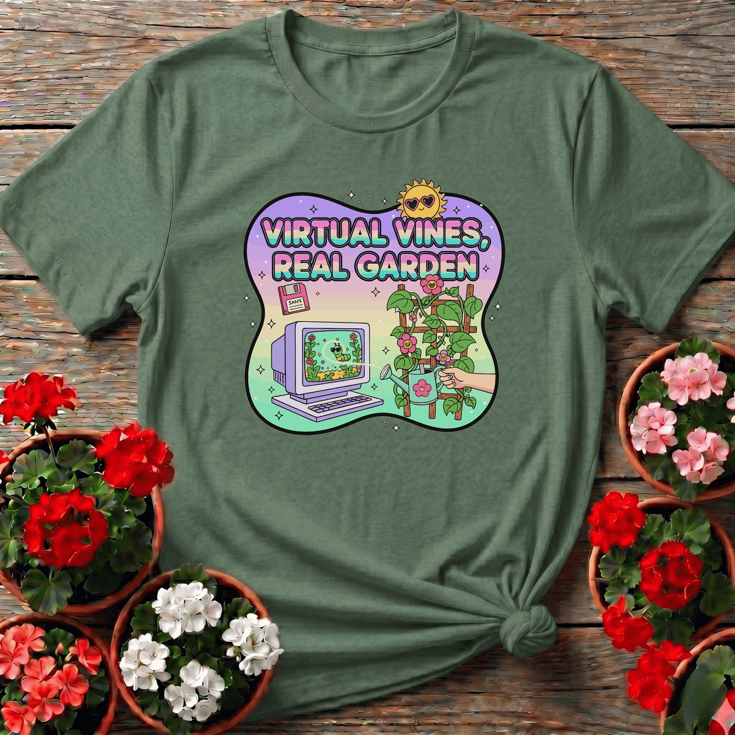 Virtual Vines Real Garden Retro Gamer Y2K T-shirt - GardeningTshirts