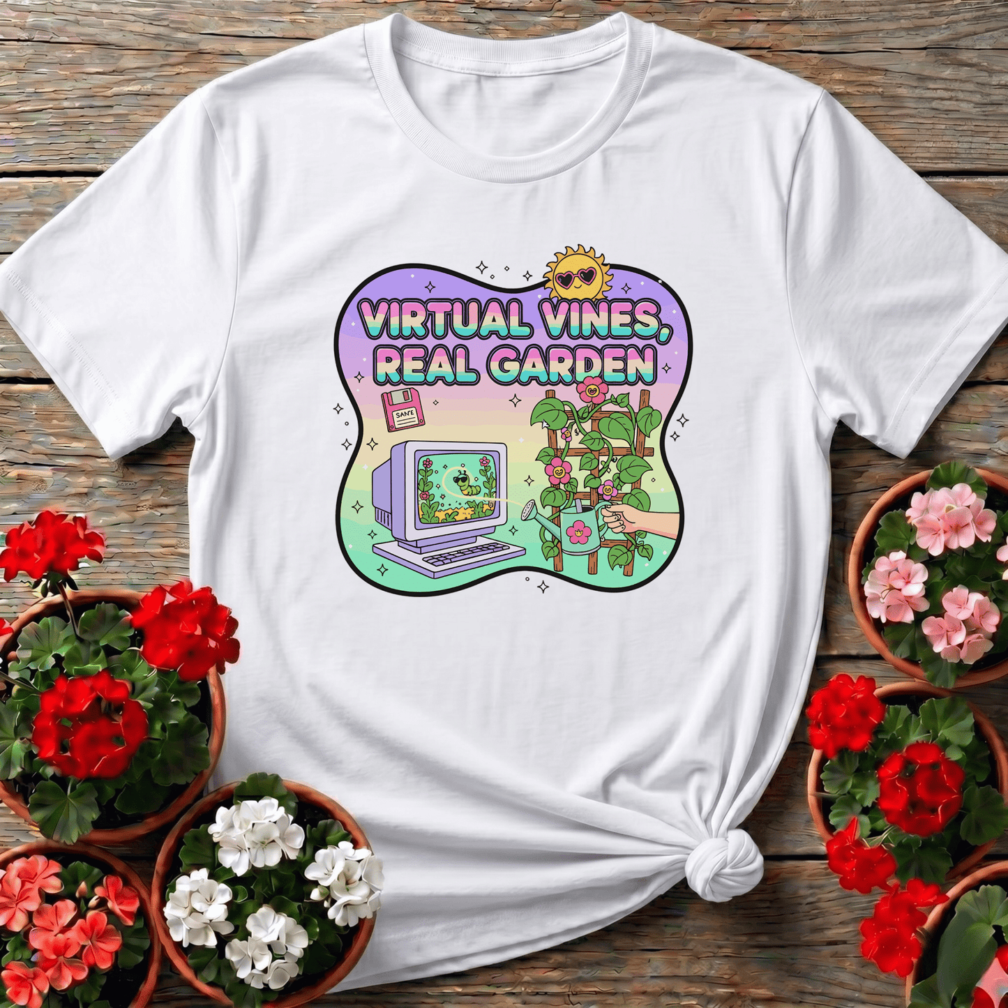 Virtual Vines Real Garden Retro Gamer Y2K T-shirt - GardeningTshirts