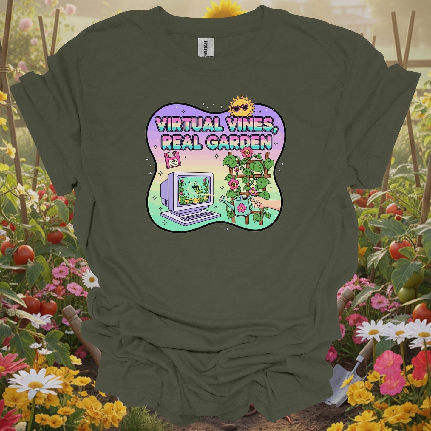 Military Green top showing virtual vines real garden retro gamer for nature lovers