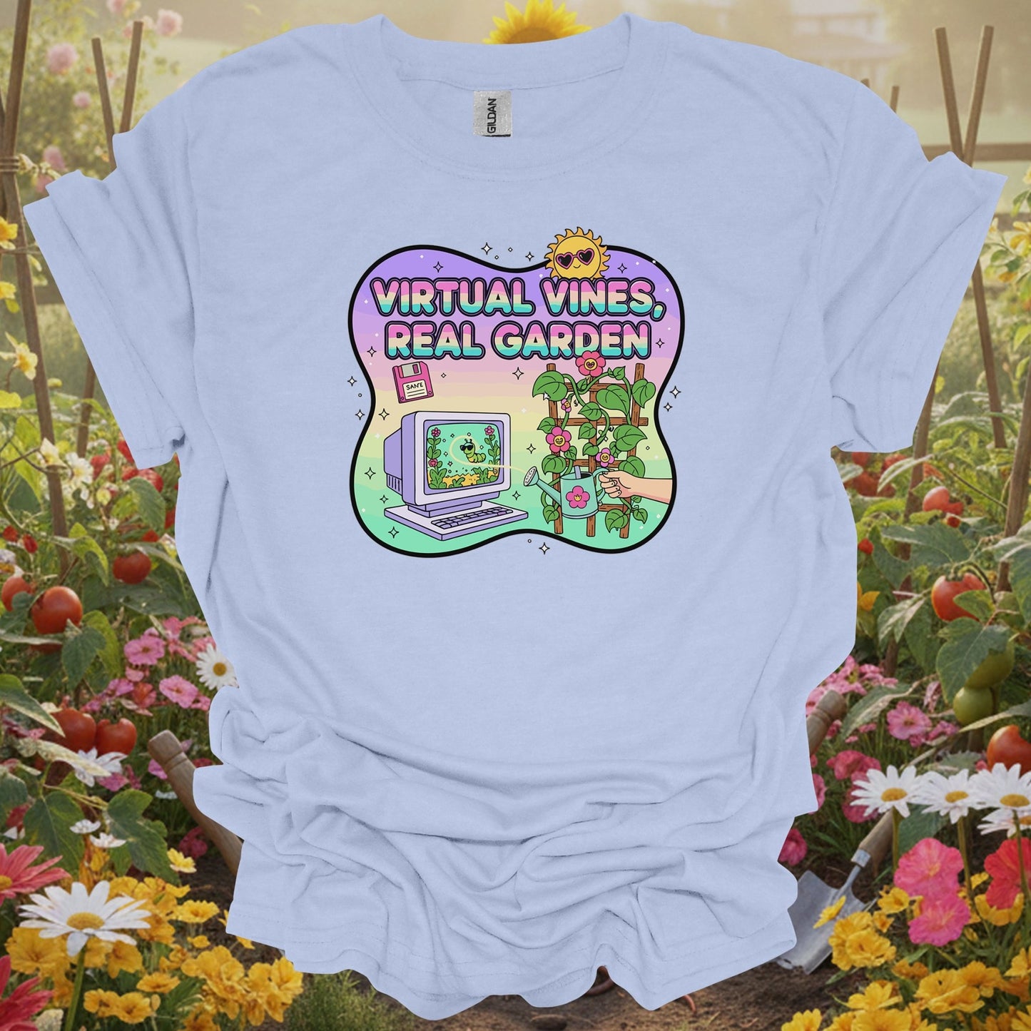 Light Blue tshirt showing virtual vines real garden retro gamer for gardening enthusiasts