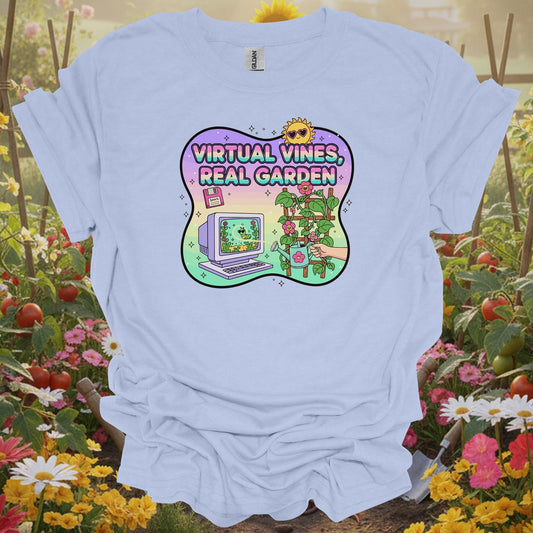 Light Blue tshirt showing virtual vines real garden retro gamer for gardening enthusiasts
