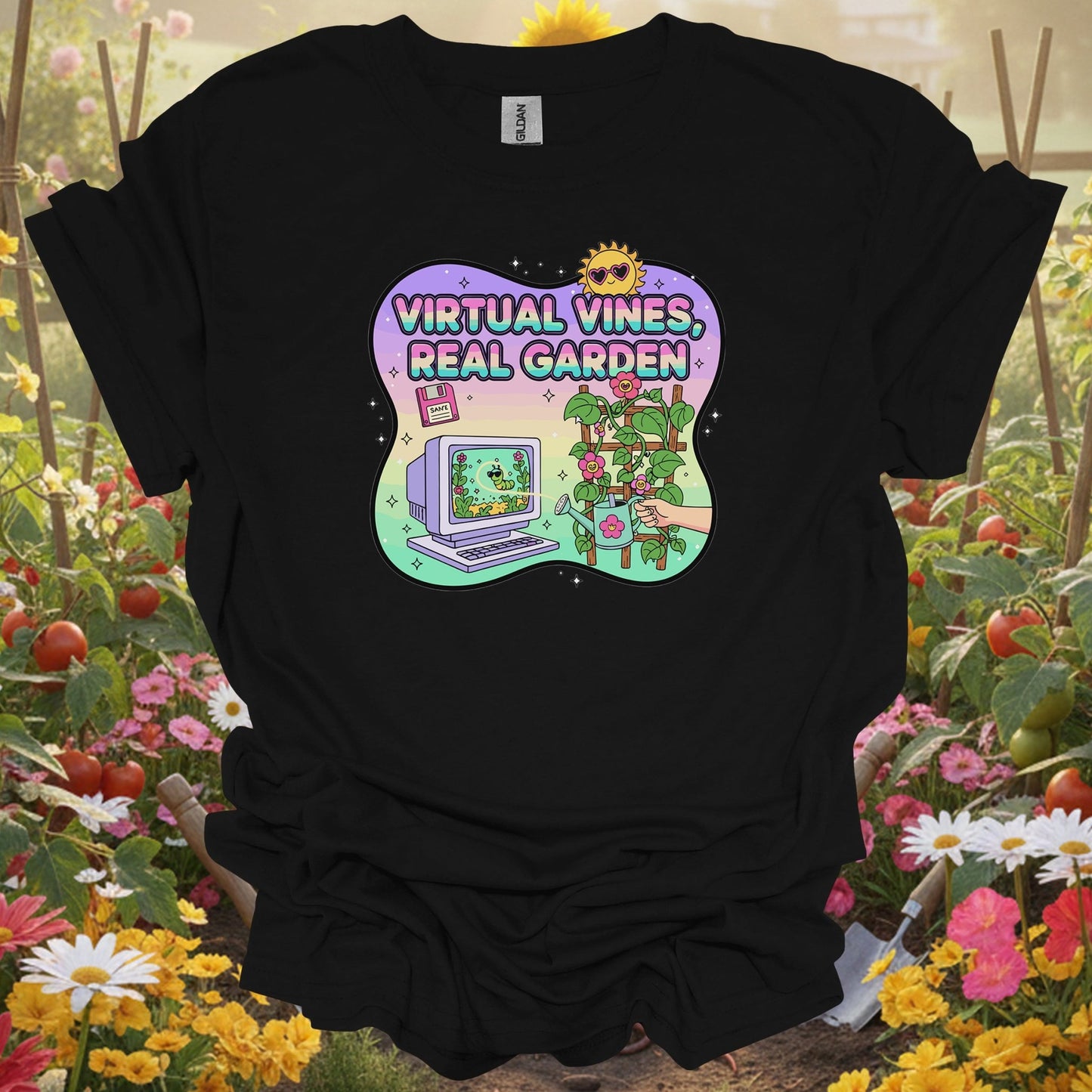 Black shirt showing virtual vines real garden retro gamer for outdoor enthusiasts