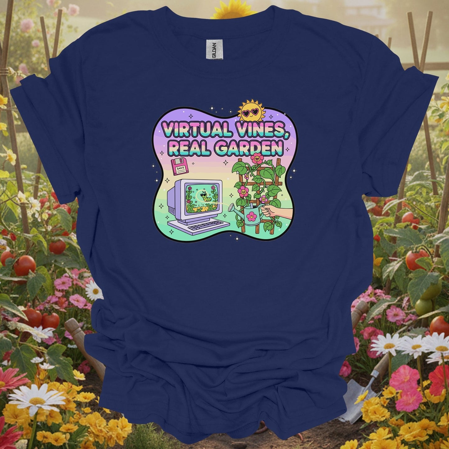 Navy shirt showing virtual vines real garden retro gamer for home gardeners
