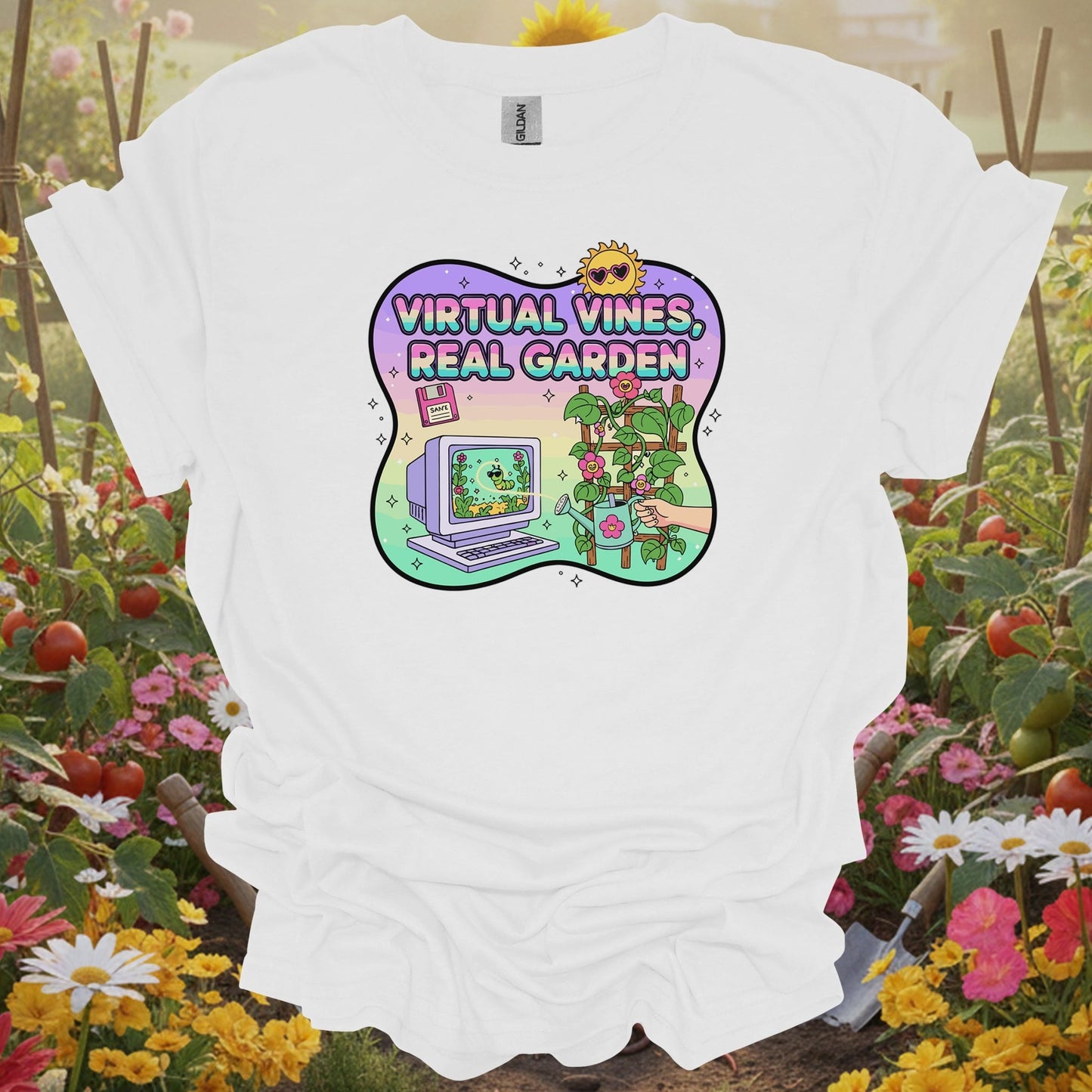 White tee showing virtual vines real garden retro gamer for garden hobbyists