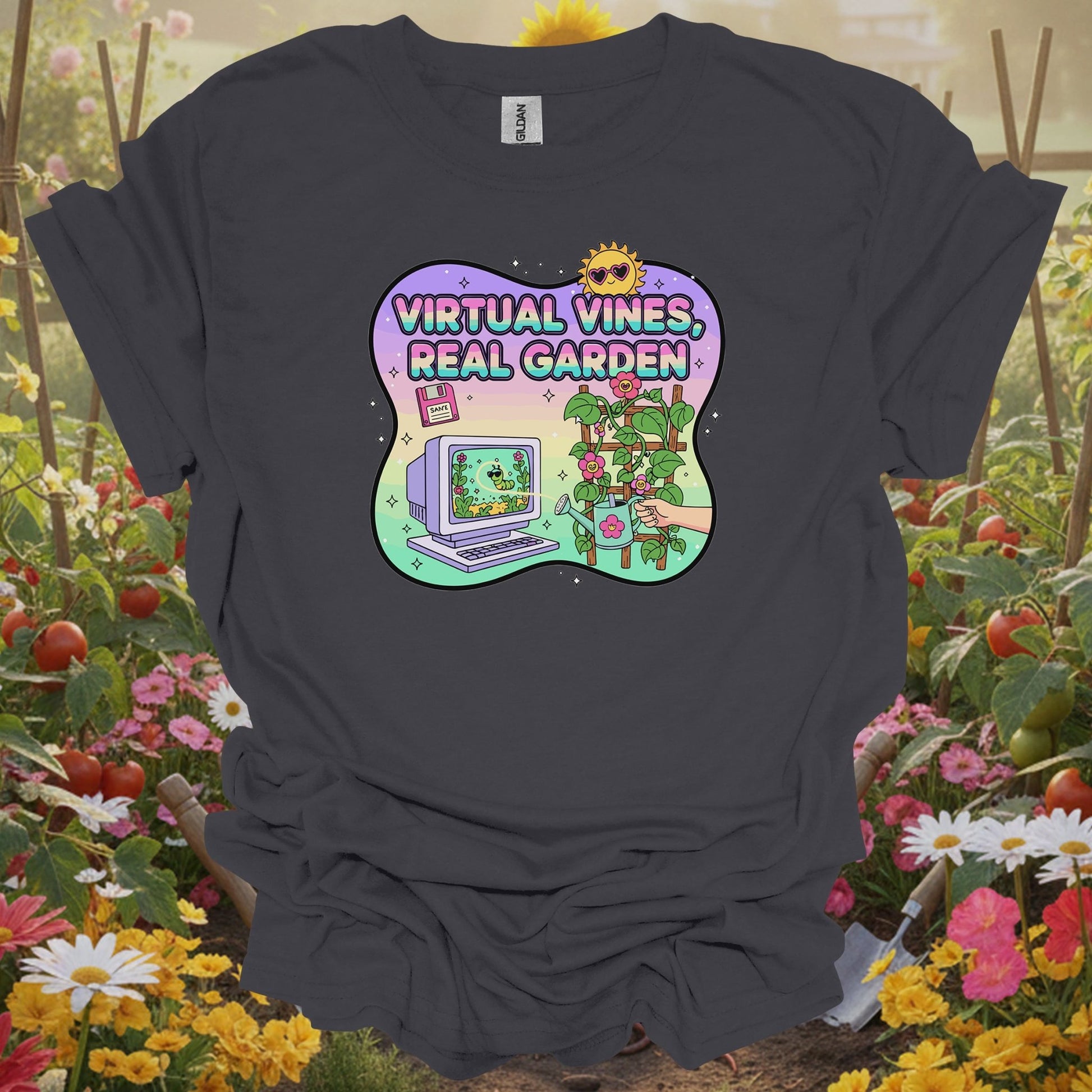 Charcoal tee showing virtual vines real garden retro gamer for plant lovers