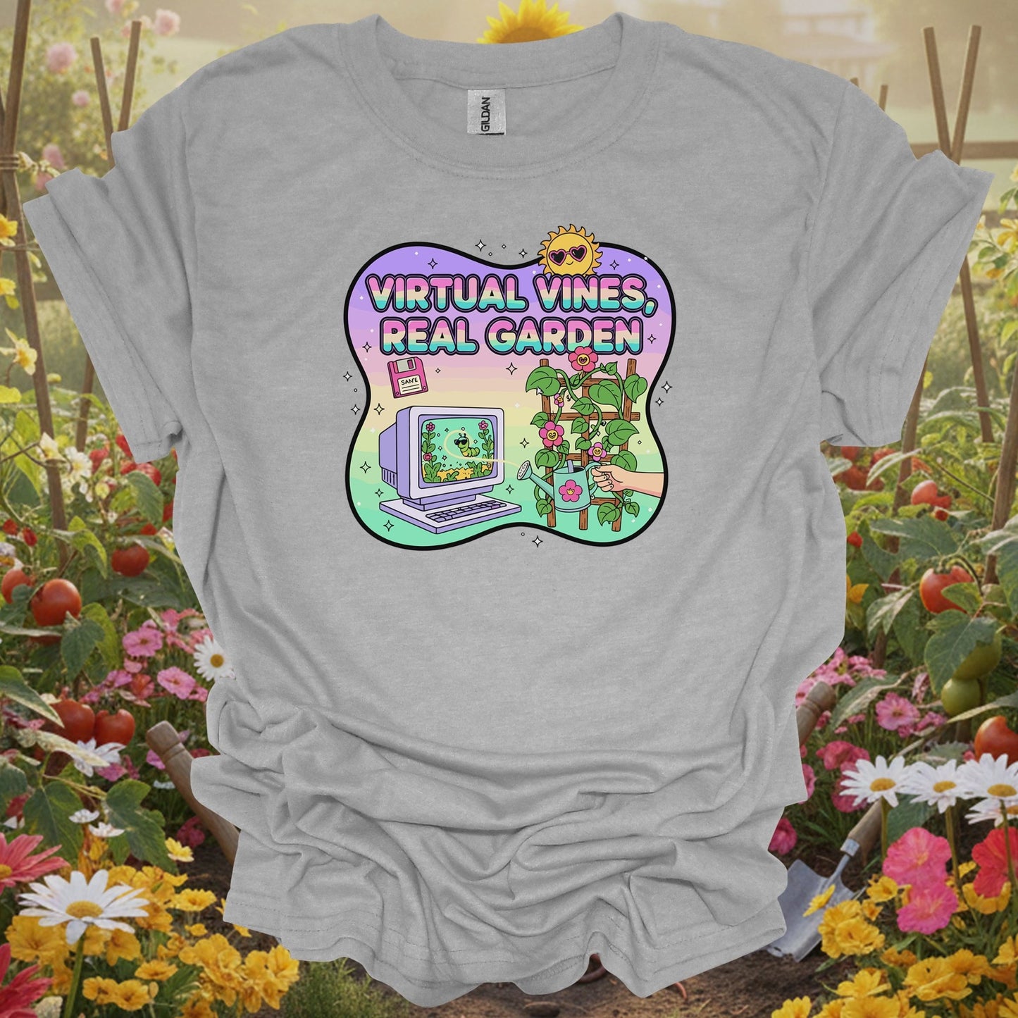 Sport Grey tshirt showing virtual vines real garden retro gamer for backyard growers