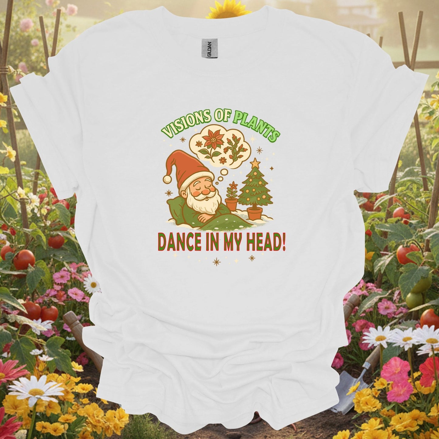 "Visions of Plants Dance In My Head" Santa T-Shirt - GardeningTshirts
