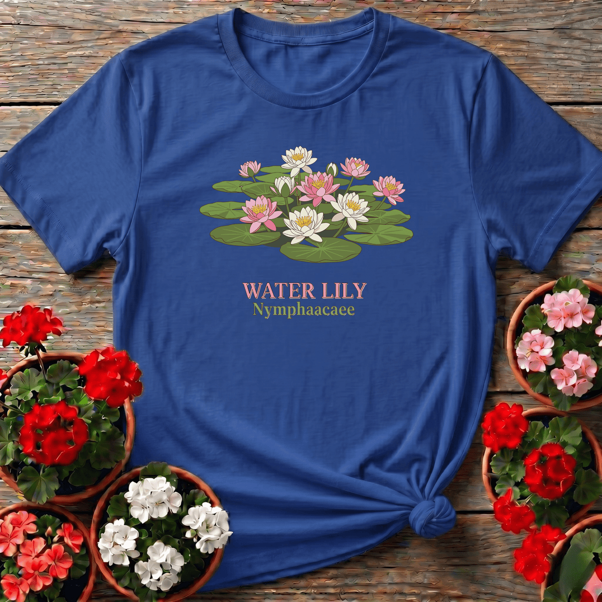 Royal field-guide style water lily gardening tee with blush pink and white floral illustration for plant lovers