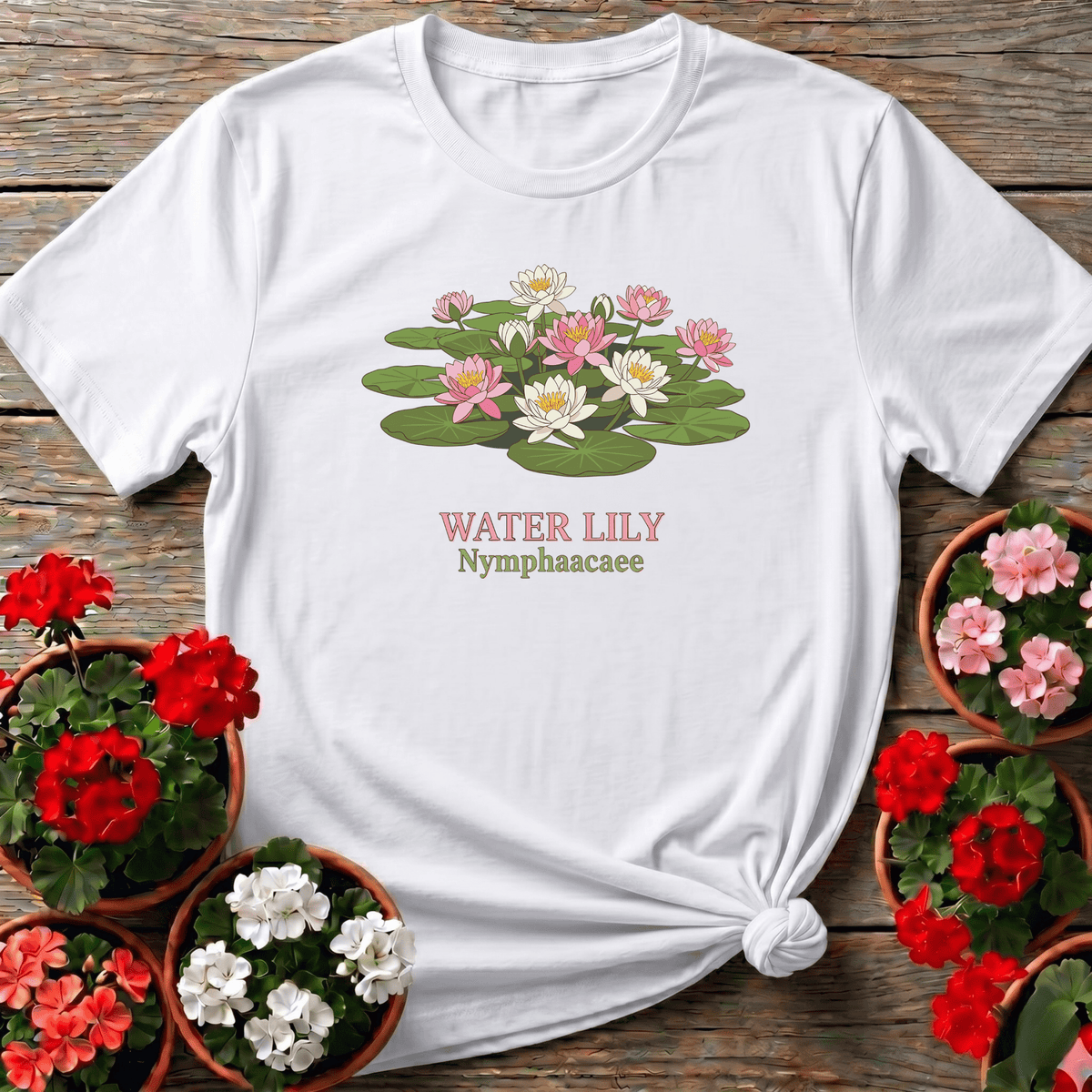 White cottagecore water lily shirt with vintage botanical print style for slow-garden dreamers