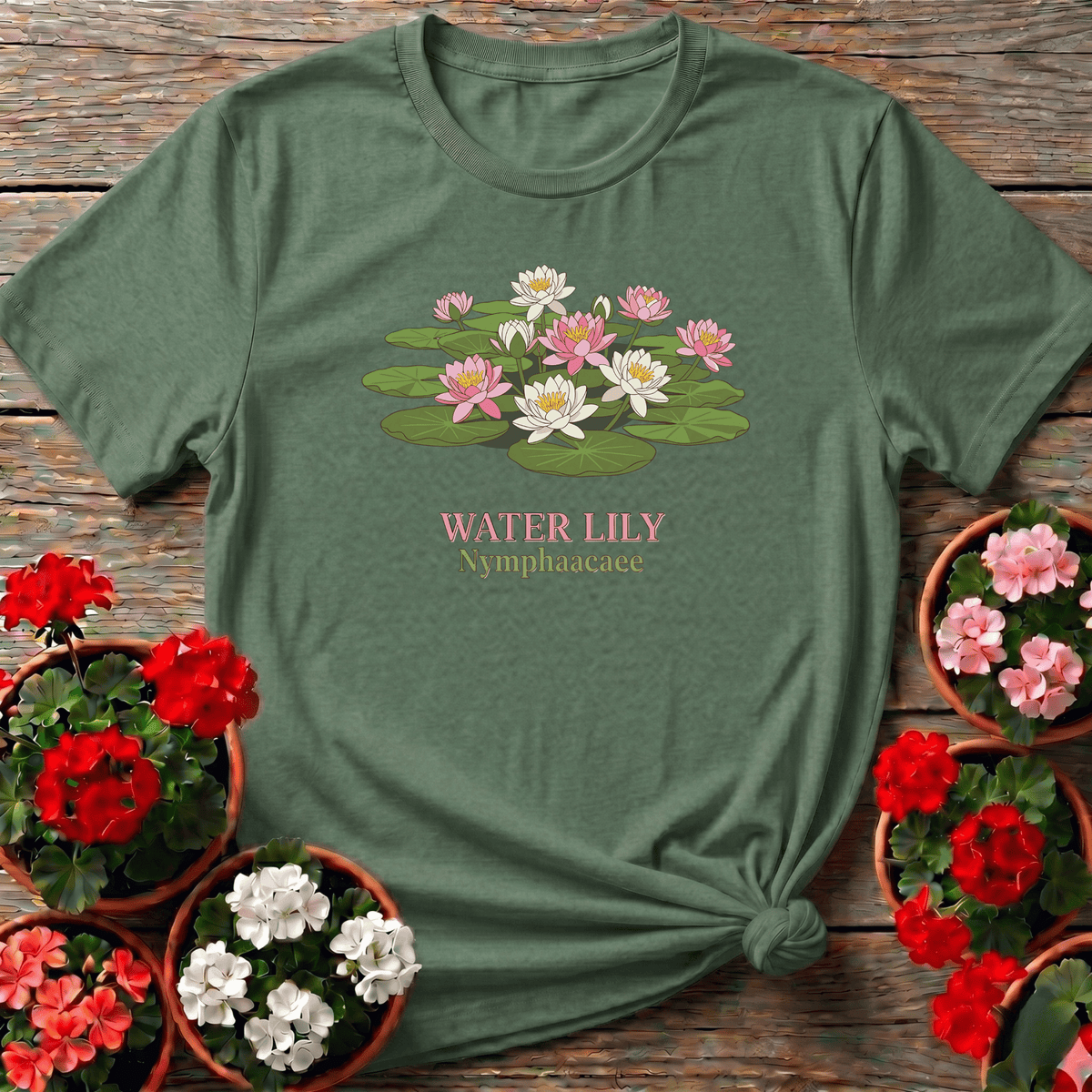 Military Green naturalist journal style water lily gardening tee with pink and white lily blooms for gardeners