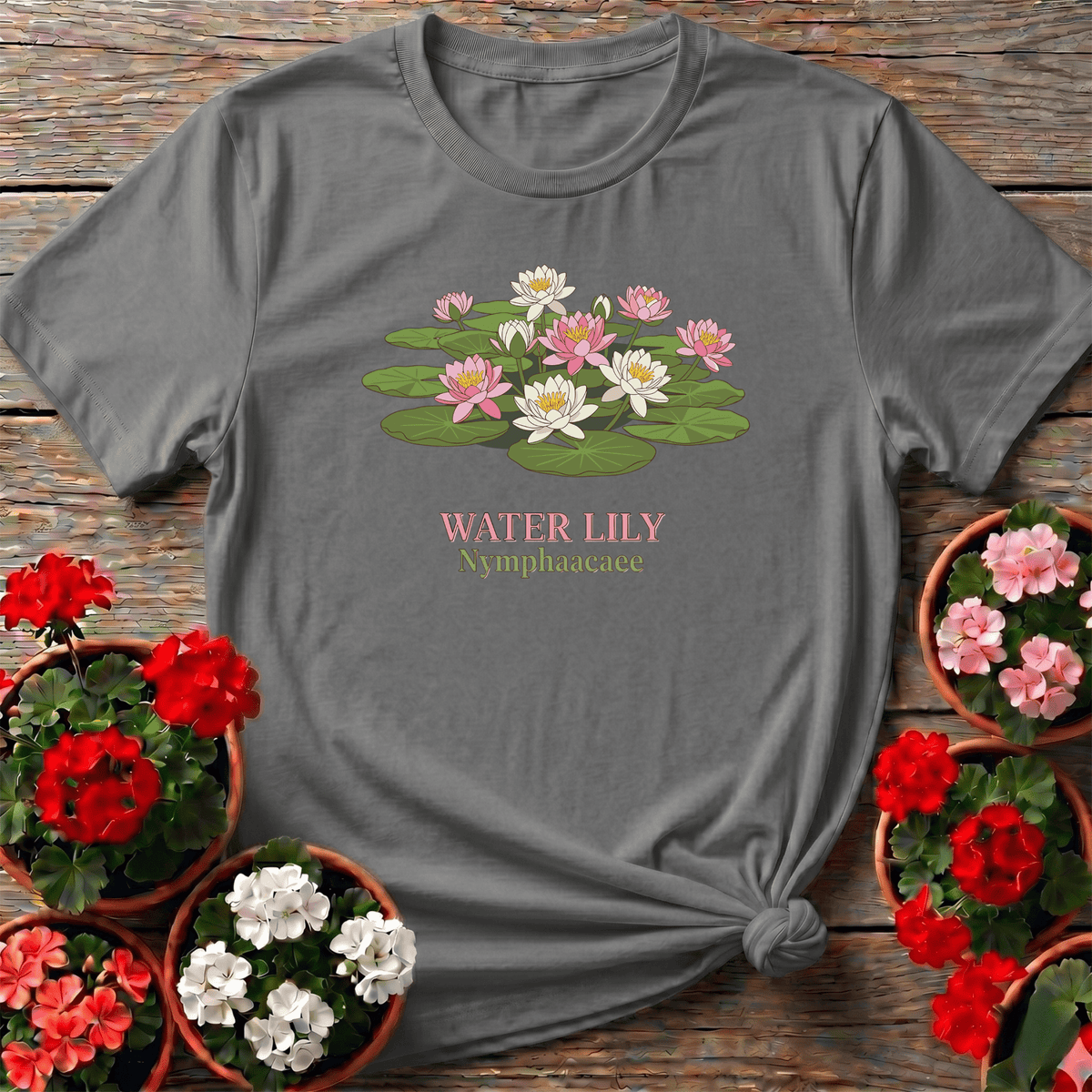 Sport Gray soft botanical water lily shirt with cottagecore lily pad design for the meditative gardener