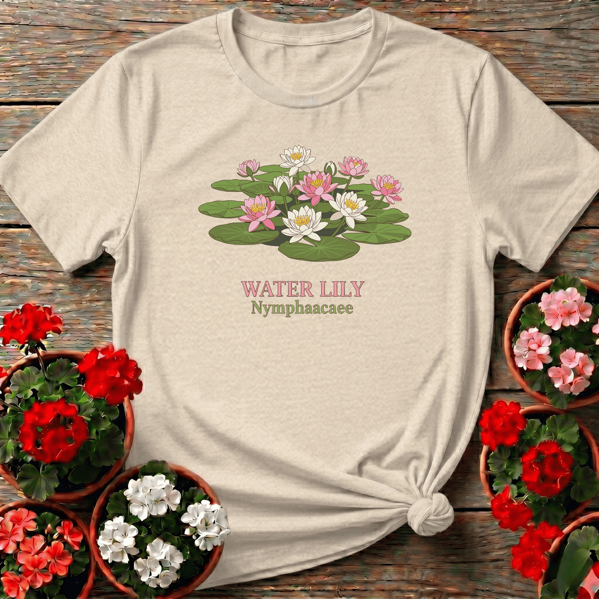 Natural vintage botanical water lily shirt with soft pastel lily pad illustration for cottagecore plant lovers