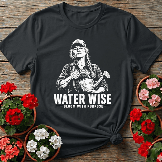 Black vintage woodcut-style gardening tee "Water Wise Bloom With Purpose" for the patient home gardener