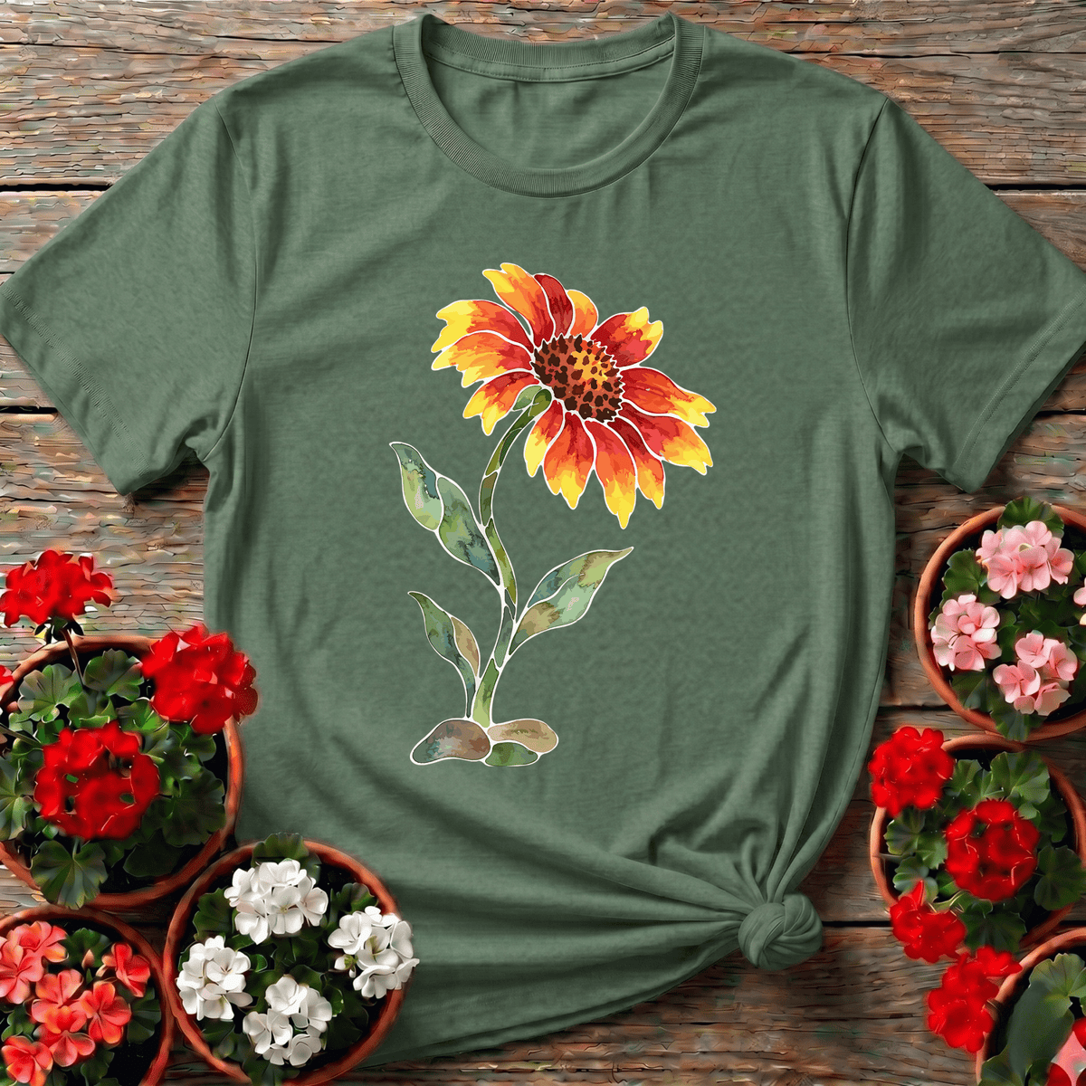 Military Green earthy wildflower botanical gardening tee with warm amber and teal watercolor illustration for plant lovers
