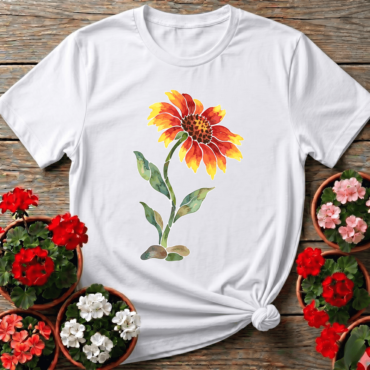 White cottagecore painterly floral gardening shirt featuring warm golden wildflower design for botanical art fans