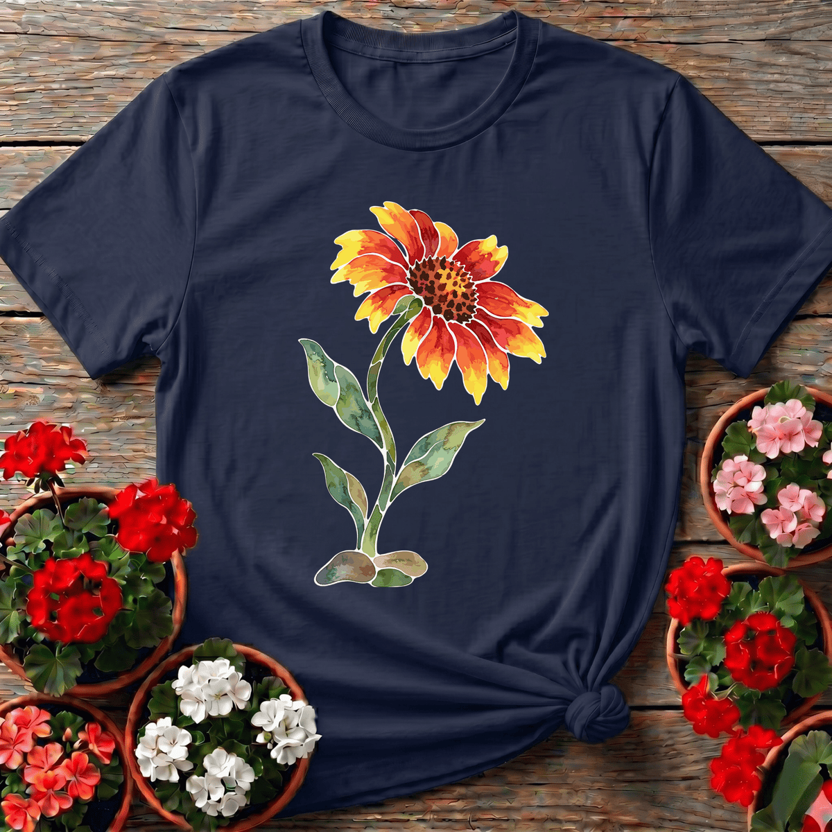Navy earthy botanical watercolor blanket flower tee with rich autumn tones for wildflower gardeners