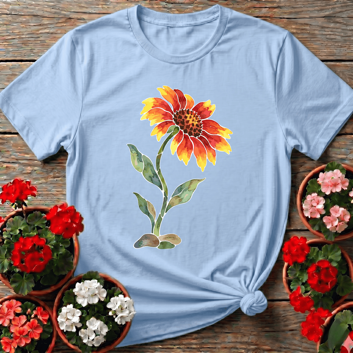 Light Blue soft botanical watercolor floral shirt with golden orange wildflower design for garden enthusiasts