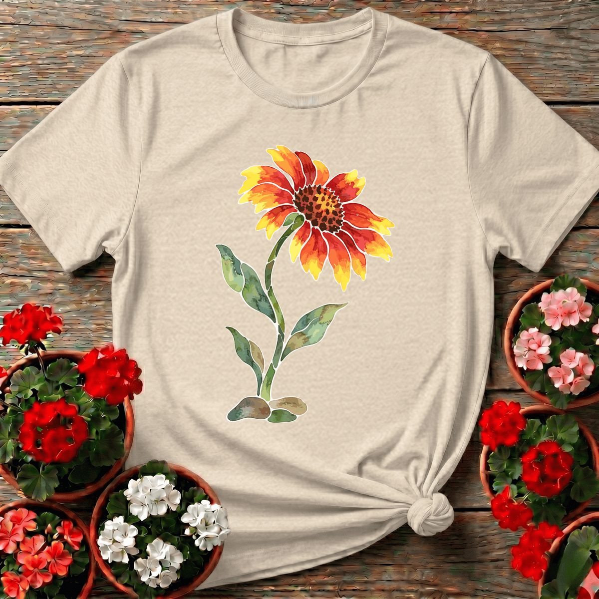 Natural vintage-feel painterly floral gardening shirt featuring warm watercolor blanket flower for cottagecore fans