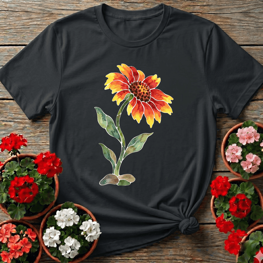 Black watercolor botanical wildflower gardening tee with amber and burnt orange blanket flower illustration for plant lovers