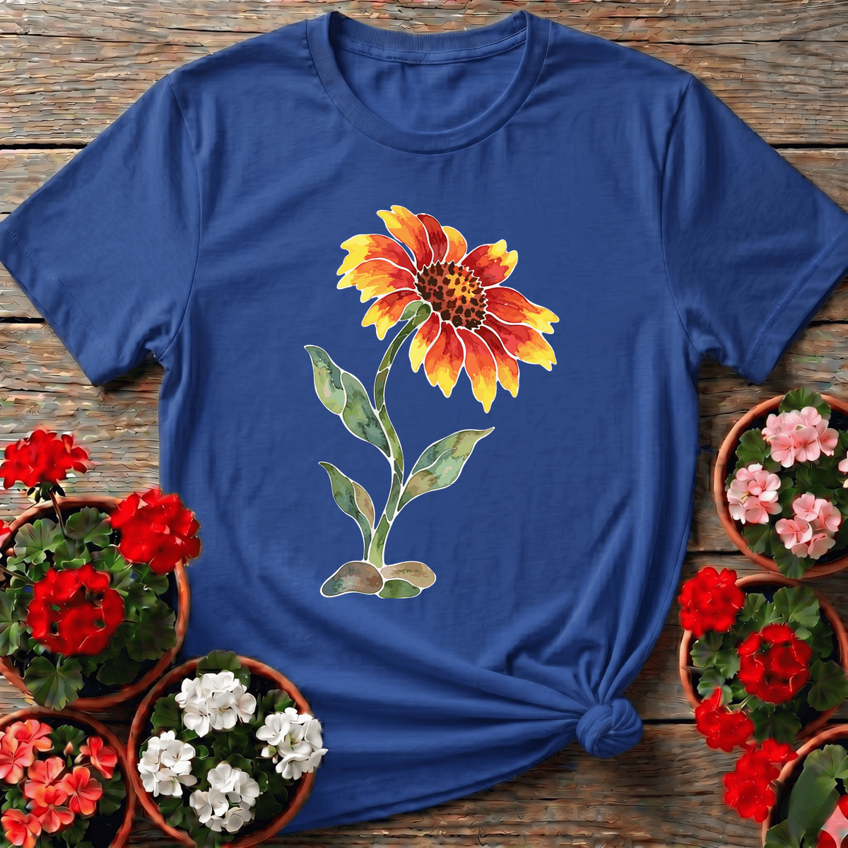 Royal loose brushstroke floral gardening shirt with amber and red gaillardia illustration for plant lovers