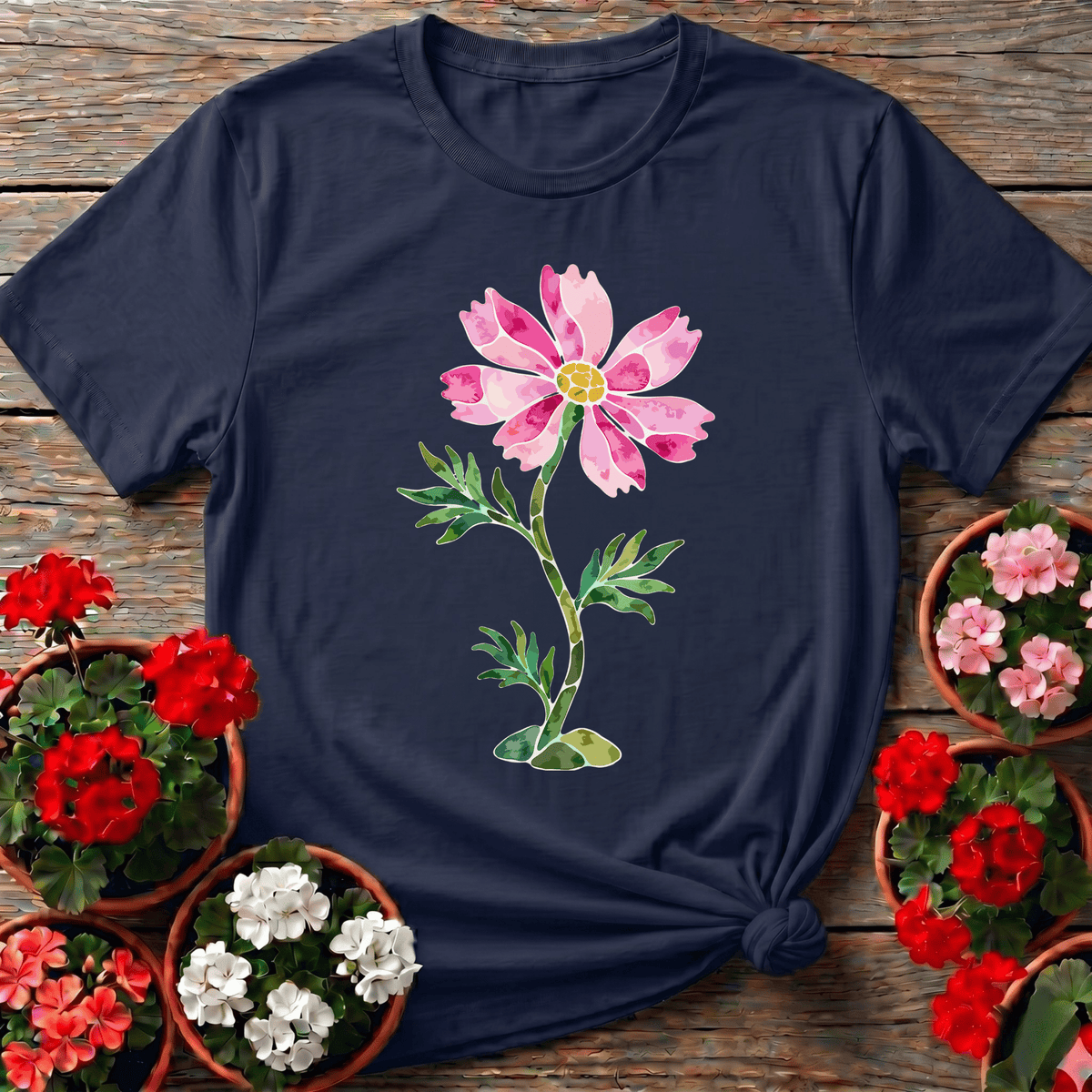 Navy botanical watercolor cosmos flower tee for cottagecore gardening fans