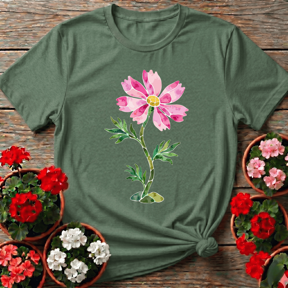 Military Green painterly wildflower cosmos gardening top for nature lovers