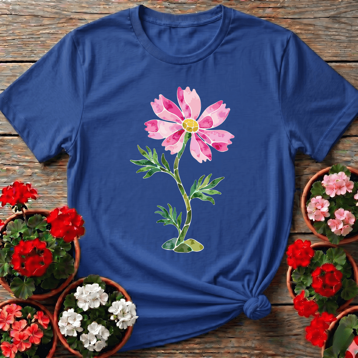 Royal impressionistic floral cosmos gardening shirt for plant lovers