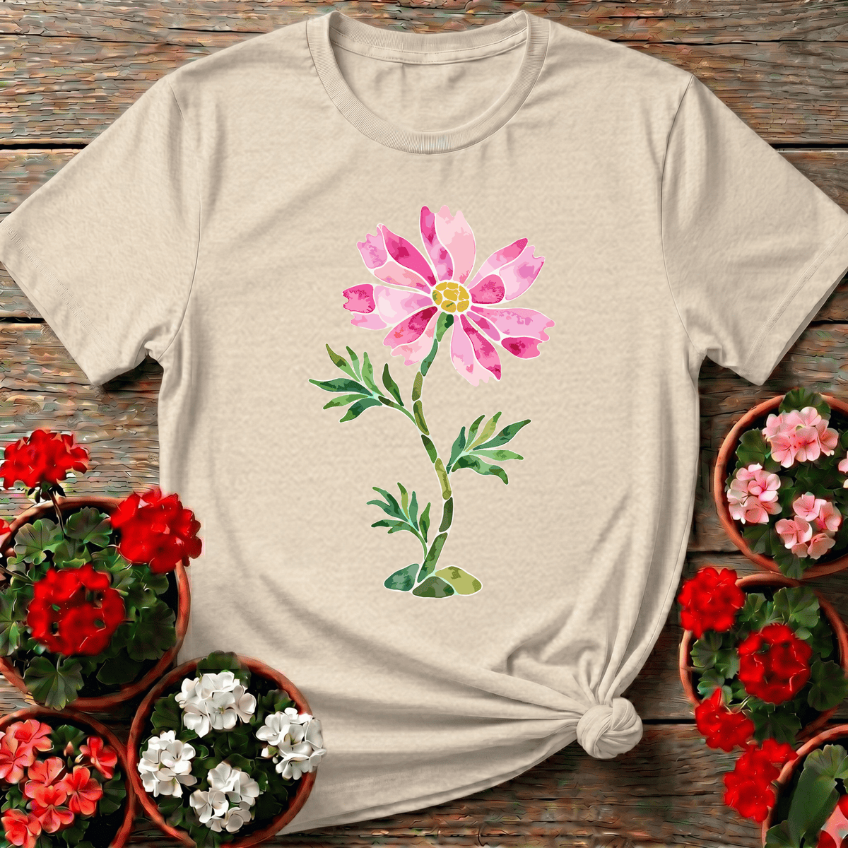 Natural soft watercolor cosmos bloom gardening tee for botanical illustration fans
