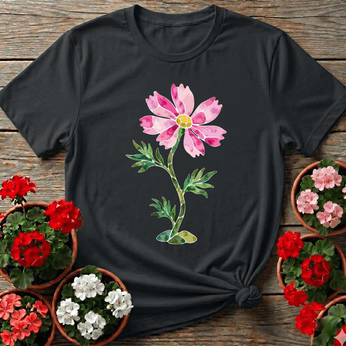 Black watercolor cottagecore cosmos flower gardening tee for botanical garden lovers