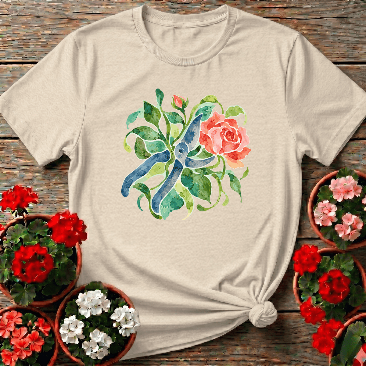 Natural artisan watercolor floral pruning shears tee for rose garden lovers